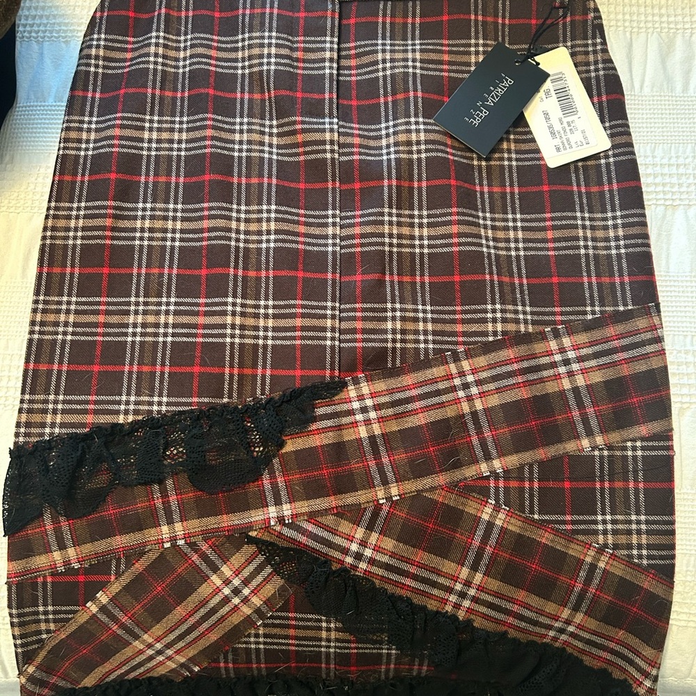 Patrizia Pepe Plaid Skirt - Red and Brown With black Lace Detailing